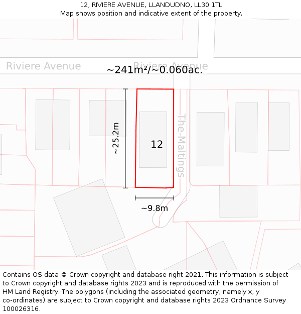 12, RIVIERE AVENUE, LLANDUDNO, LL30 1TL: Plot and title map