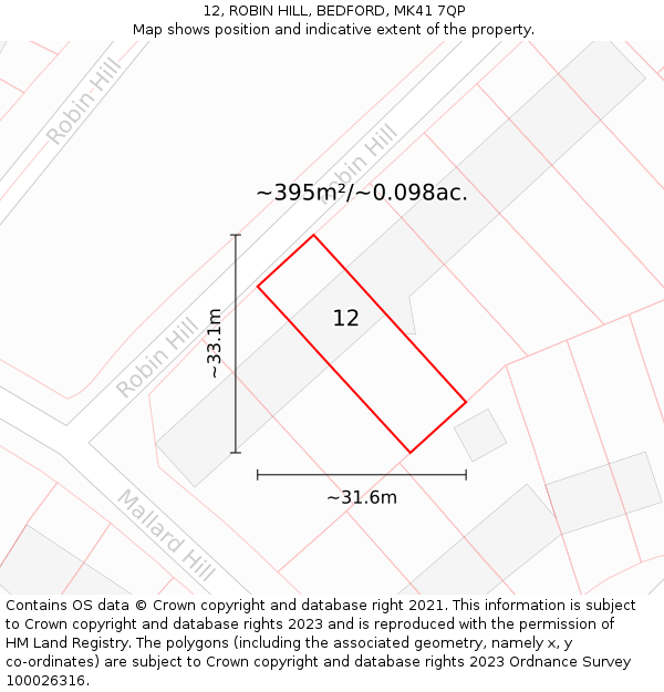 12, ROBIN HILL, BEDFORD, MK41 7QP: Plot and title map