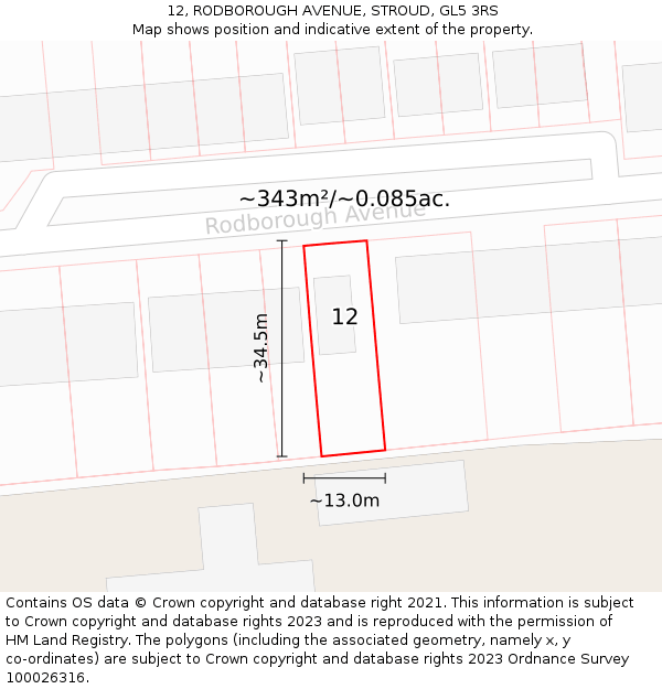 12, RODBOROUGH AVENUE, STROUD, GL5 3RS: Plot and title map