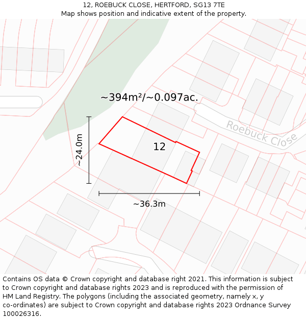 12, ROEBUCK CLOSE, HERTFORD, SG13 7TE: Plot and title map