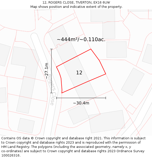 12, ROGERS CLOSE, TIVERTON, EX16 6UW: Plot and title map