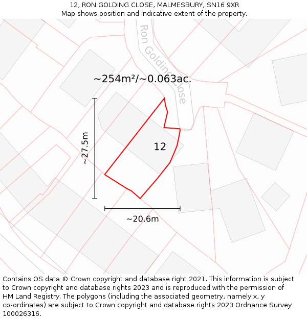 12, RON GOLDING CLOSE, MALMESBURY, SN16 9XR: Plot and title map