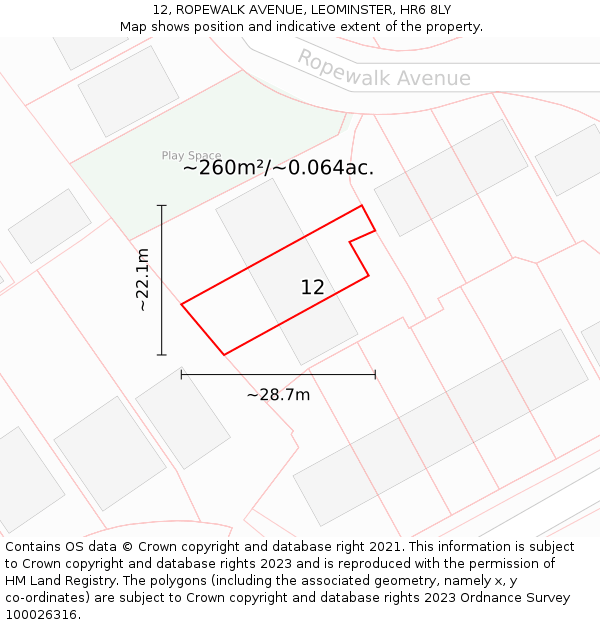 12, ROPEWALK AVENUE, LEOMINSTER, HR6 8LY: Plot and title map