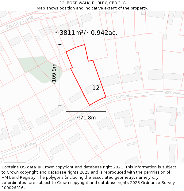 12, ROSE WALK, PURLEY, CR8 3LG: Plot and title map