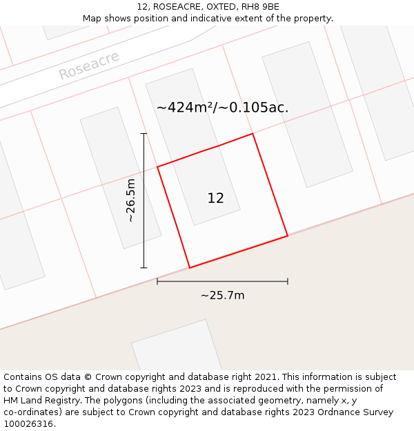 12, ROSEACRE, OXTED, RH8 9BE: Plot and title map