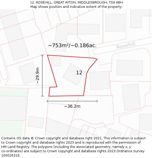 12, ROSEHILL, GREAT AYTON, MIDDLESBROUGH, TS9 6BH: Plot and title map