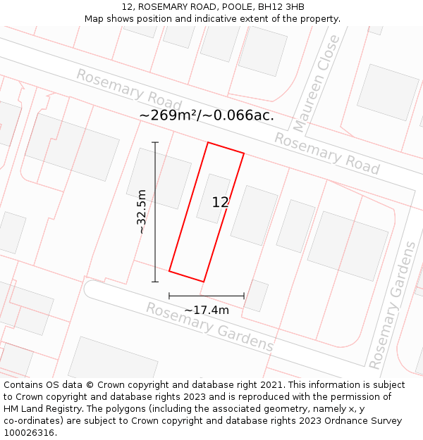 12, ROSEMARY ROAD, POOLE, BH12 3HB: Plot and title map