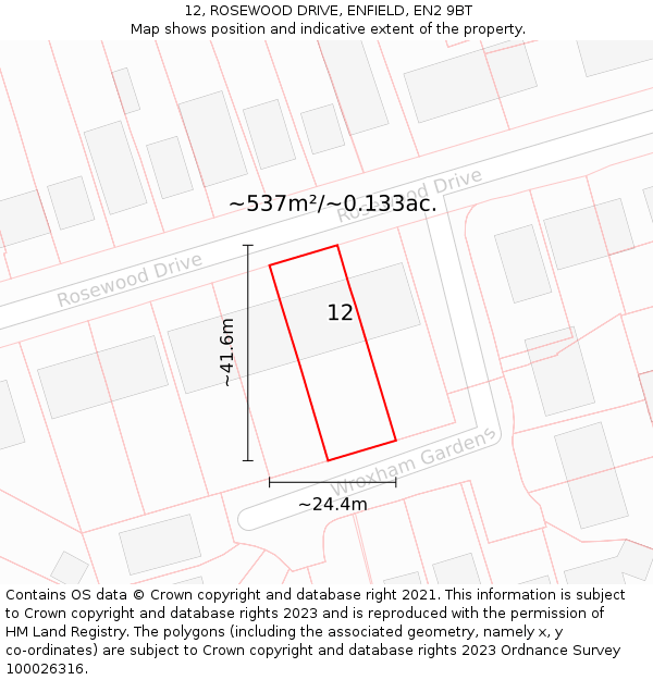 12, ROSEWOOD DRIVE, ENFIELD, EN2 9BT: Plot and title map