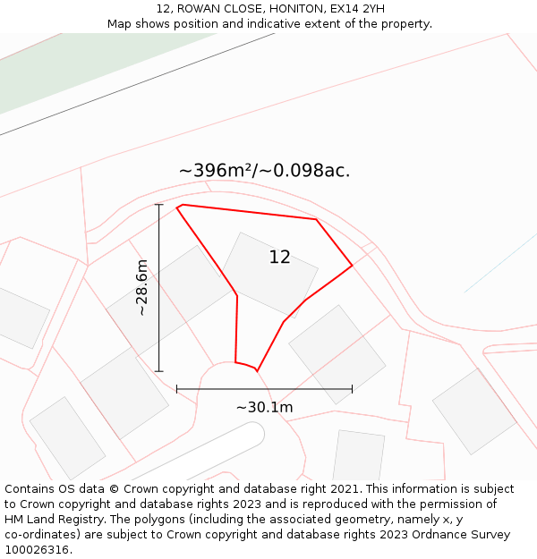 12, ROWAN CLOSE, HONITON, EX14 2YH: Plot and title map