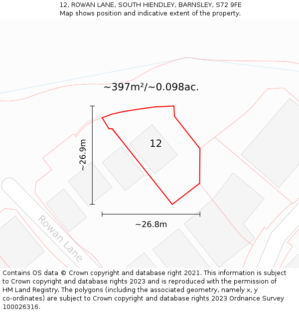 12, ROWAN LANE, SOUTH HIENDLEY, BARNSLEY, S72 9FE: Plot and title map