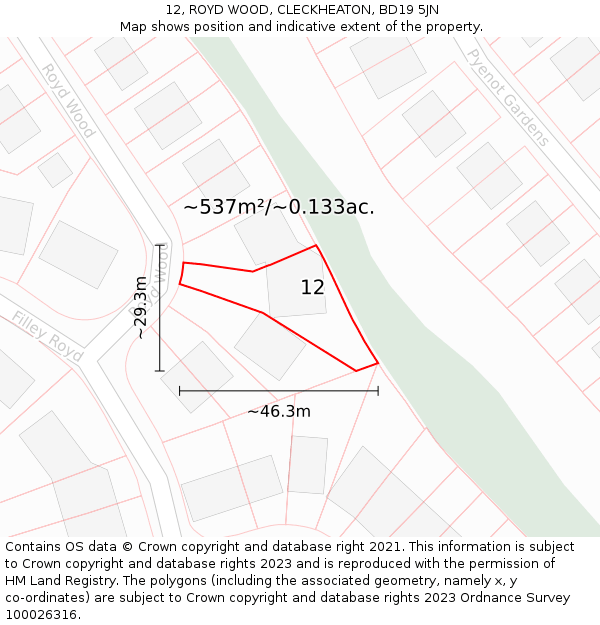 12, ROYD WOOD, CLECKHEATON, BD19 5JN: Plot and title map