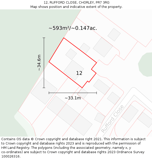 12, RUFFORD CLOSE, CHORLEY, PR7 3RG: Plot and title map