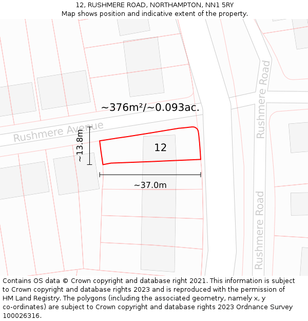 12, RUSHMERE ROAD, NORTHAMPTON, NN1 5RY: Plot and title map