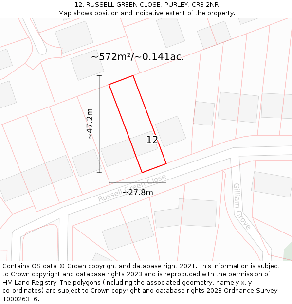 12, RUSSELL GREEN CLOSE, PURLEY, CR8 2NR: Plot and title map