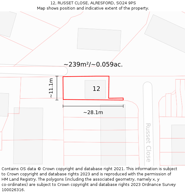 12, RUSSET CLOSE, ALRESFORD, SO24 9PS: Plot and title map