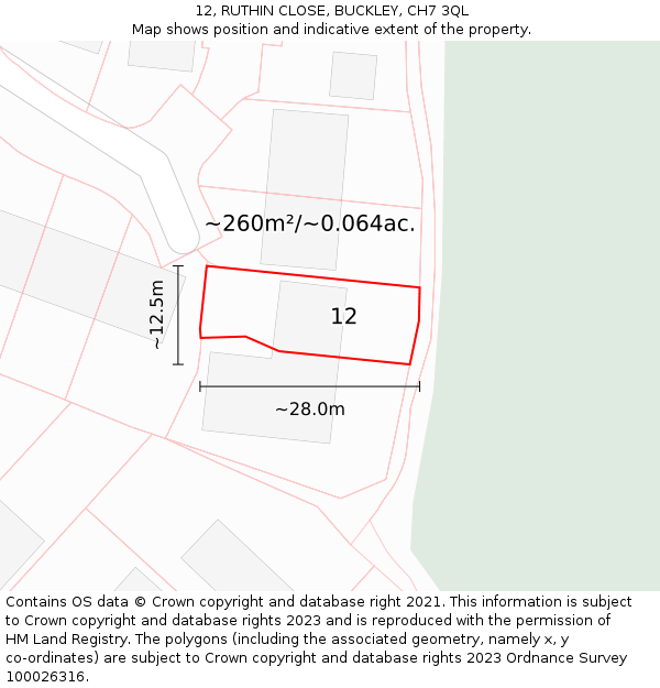 12, RUTHIN CLOSE, BUCKLEY, CH7 3QL: Plot and title map