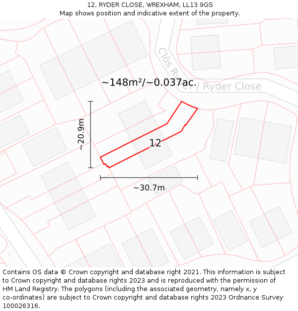 12, RYDER CLOSE, WREXHAM, LL13 9GS: Plot and title map