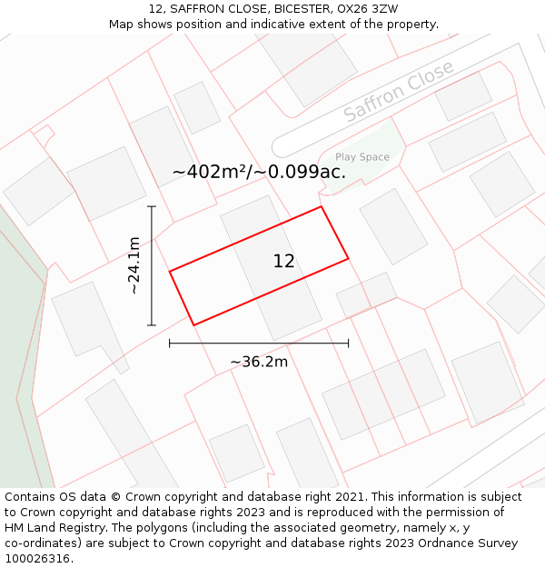 12, SAFFRON CLOSE, BICESTER, OX26 3ZW: Plot and title map