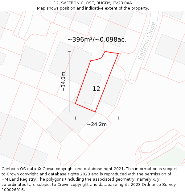 12, SAFFRON CLOSE, RUGBY, CV23 0XA: Plot and title map