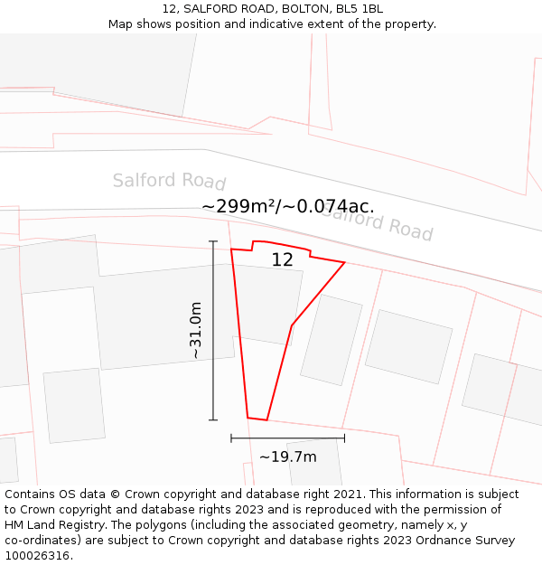 12, SALFORD ROAD, BOLTON, BL5 1BL: Plot and title map