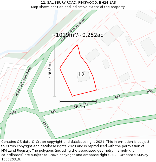 12, SALISBURY ROAD, RINGWOOD, BH24 1AS: Plot and title map