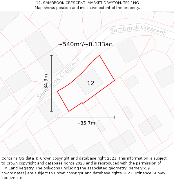 12, SAMBROOK CRESCENT, MARKET DRAYTON, TF9 1NG: Plot and title map