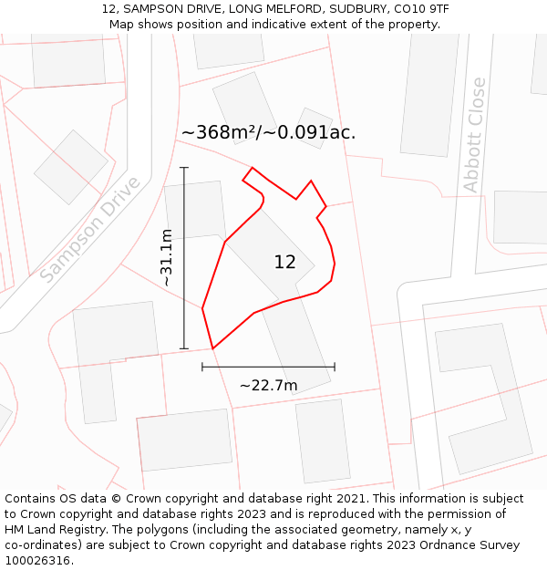 12, SAMPSON DRIVE, LONG MELFORD, SUDBURY, CO10 9TF: Plot and title map