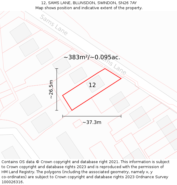 12, SAMS LANE, BLUNSDON, SWINDON, SN26 7AY: Plot and title map