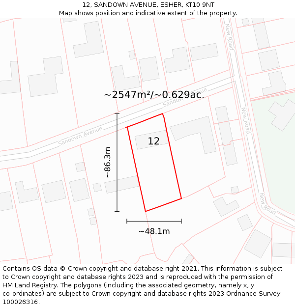 12, SANDOWN AVENUE, ESHER, KT10 9NT: Plot and title map