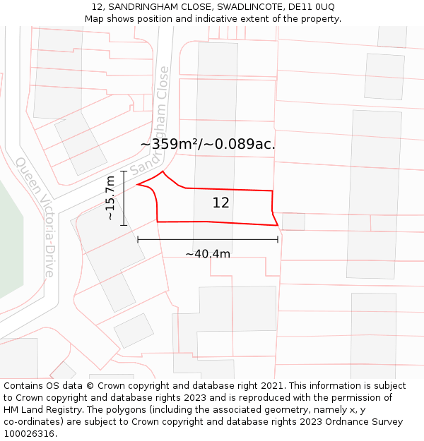 12, SANDRINGHAM CLOSE, SWADLINCOTE, DE11 0UQ: Plot and title map