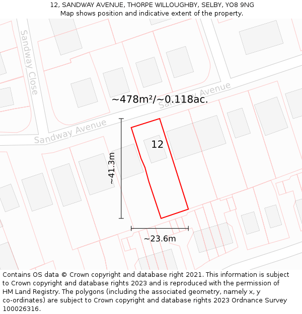 12, SANDWAY AVENUE, THORPE WILLOUGHBY, SELBY, YO8 9NG: Plot and title map
