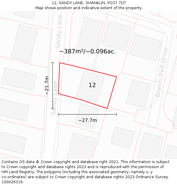 12, SANDY LANE, SHANKLIN, PO37 7DT: Plot and title map