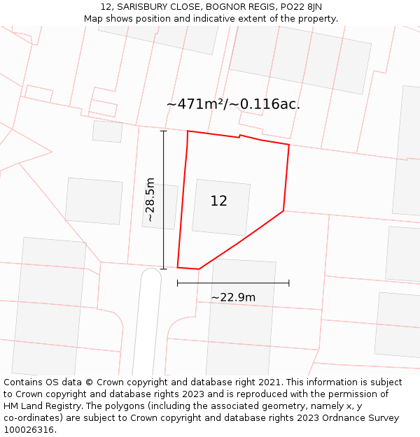 12, SARISBURY CLOSE, BOGNOR REGIS, PO22 8JN: Plot and title map