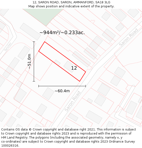 12, SARON ROAD, SARON, AMMANFORD, SA18 3LG: Plot and title map