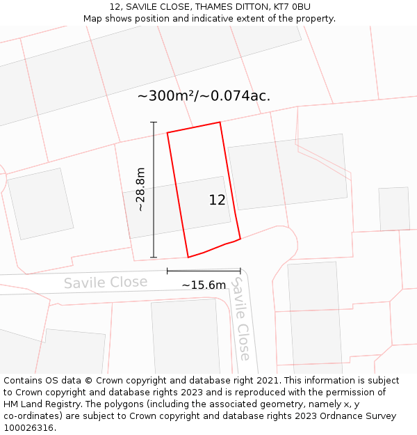 12, SAVILE CLOSE, THAMES DITTON, KT7 0BU: Plot and title map