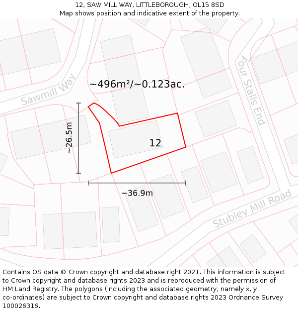 12, SAW MILL WAY, LITTLEBOROUGH, OL15 8SD: Plot and title map