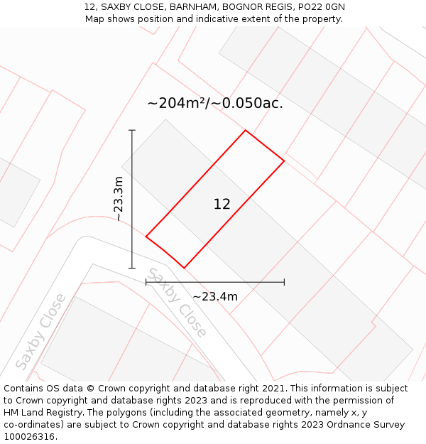 12, SAXBY CLOSE, BARNHAM, BOGNOR REGIS, PO22 0GN: Plot and title map