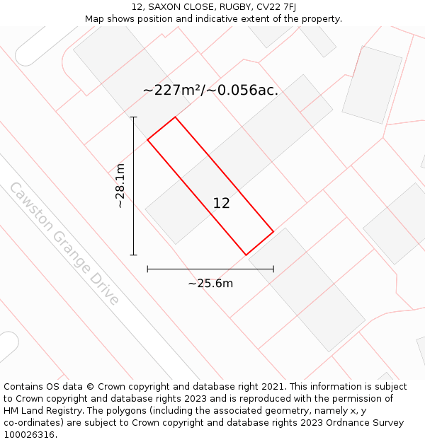 12, SAXON CLOSE, RUGBY, CV22 7FJ: Plot and title map