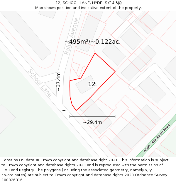 12, SCHOOL LANE, HYDE, SK14 5JQ: Plot and title map