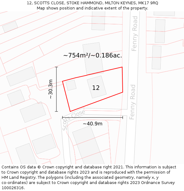 12, SCOTTS CLOSE, STOKE HAMMOND, MILTON KEYNES, MK17 9RQ: Plot and title map