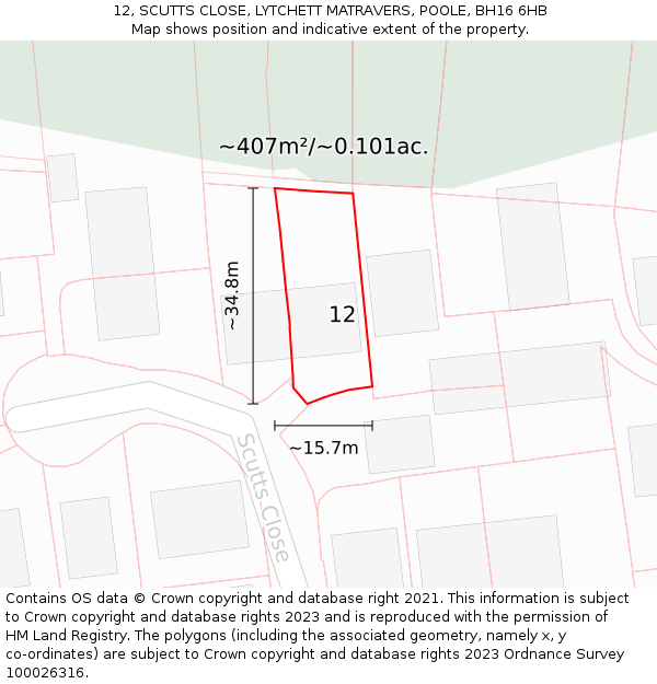 12, SCUTTS CLOSE, LYTCHETT MATRAVERS, POOLE, BH16 6HB: Plot and title map