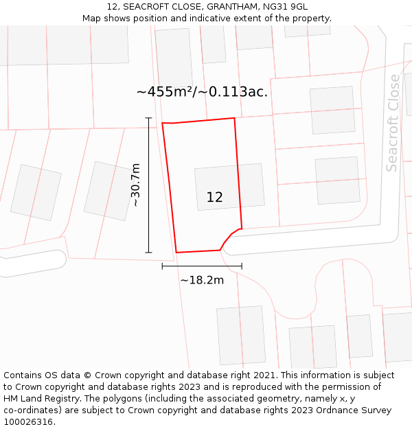 12, SEACROFT CLOSE, GRANTHAM, NG31 9GL: Plot and title map