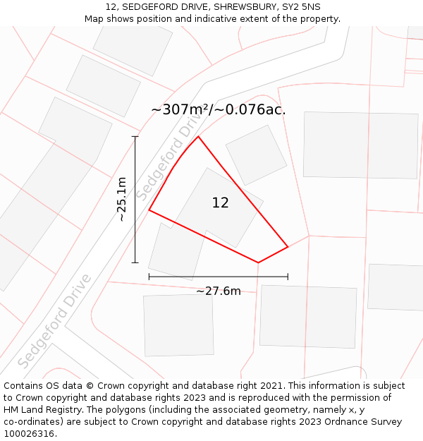 12, SEDGEFORD DRIVE, SHREWSBURY, SY2 5NS: Plot and title map