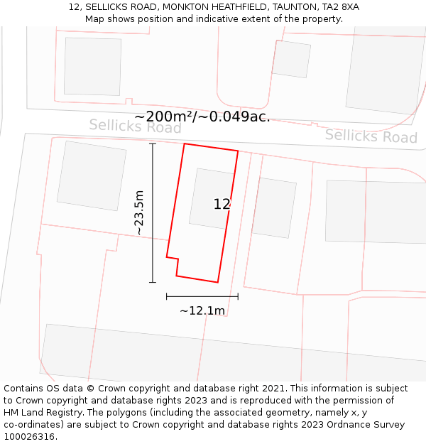 12, SELLICKS ROAD, MONKTON HEATHFIELD, TAUNTON, TA2 8XA: Plot and title map