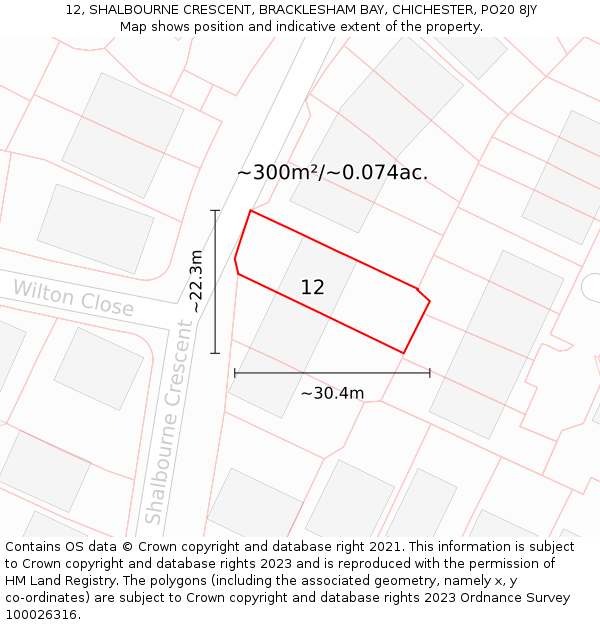 12, SHALBOURNE CRESCENT, BRACKLESHAM BAY, CHICHESTER, PO20 8JY: Plot and title map