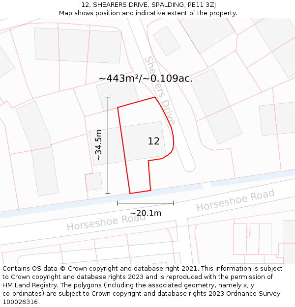 12, SHEARERS DRIVE, SPALDING, PE11 3ZJ: Plot and title map