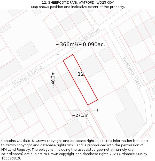 12, SHEEPCOT DRIVE, WATFORD, WD25 0DY: Plot and title map
