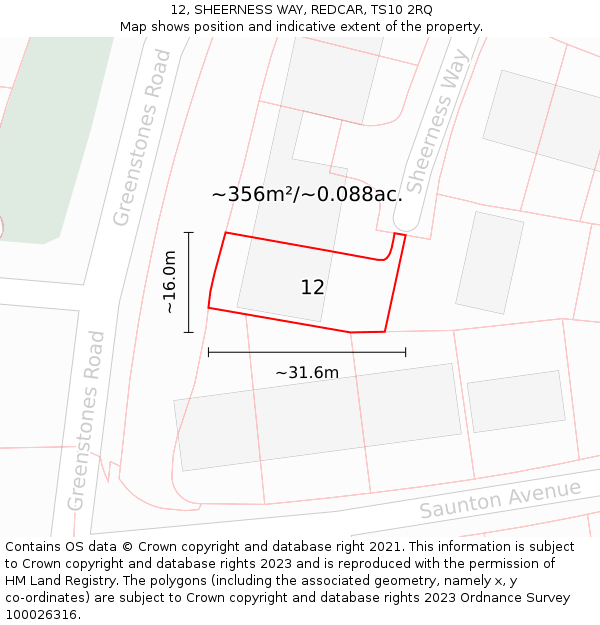 12, SHEERNESS WAY, REDCAR, TS10 2RQ: Plot and title map