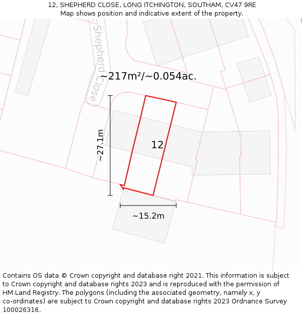 12, SHEPHERD CLOSE, LONG ITCHINGTON, SOUTHAM, CV47 9RE: Plot and title map