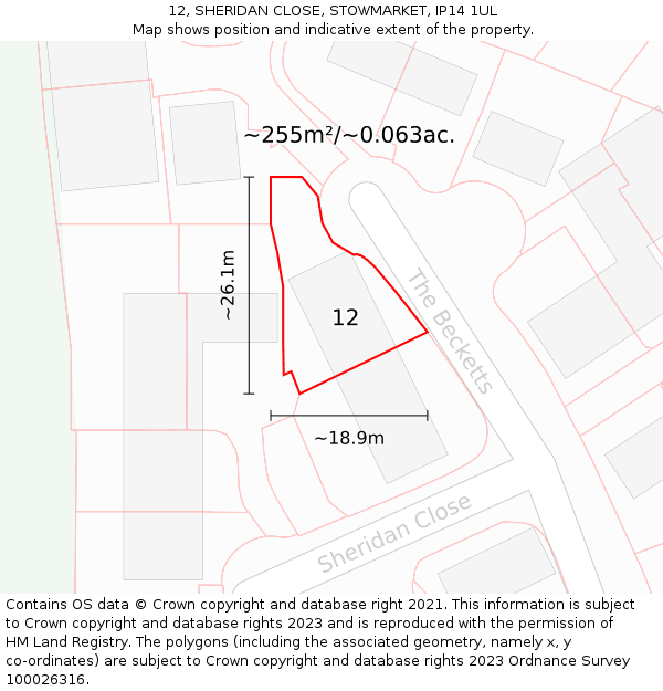 12, SHERIDAN CLOSE, STOWMARKET, IP14 1UL: Plot and title map